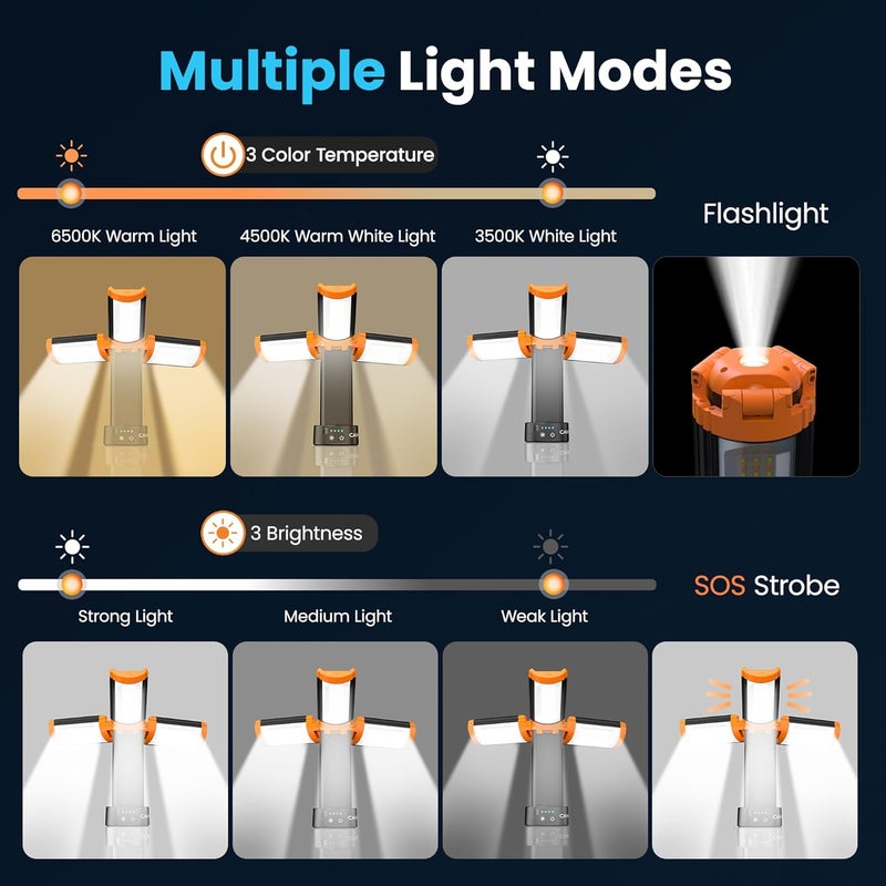 CAVN Rechargeable Camping Lights with Remote & Detachable Tripod Max Height 6.7 ft, Portable Work Light with 3 LED Lamp Heads, Camping Essentials Gear Emergency Flashlight with Hook, Orange - Image 3